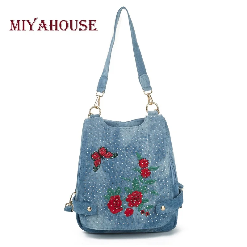 

Miyahouse Casual Denim Design School Backpack Women High Quality Jeans Backpack Lady Floral Embroidery Shoulder Bag Female