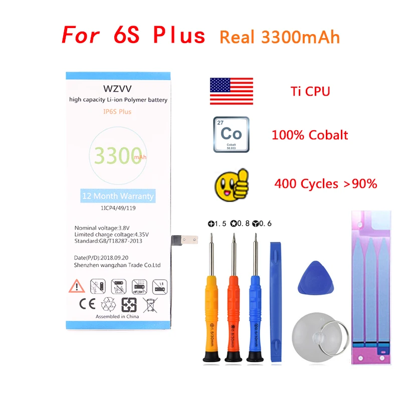 

wzvv 100% Original Battery For iphone 6S Plus Real 3300mAh work with IOS 11.4/12 With Repair Tools Kit And Battery Sticker