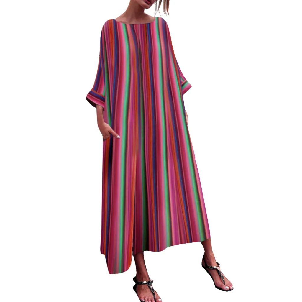 

CHAMSGEND Women Striped Multicolor Loose Bohe Beach Long Robe Dress o-neck Plus Size Three Quarter Sleeve Dress