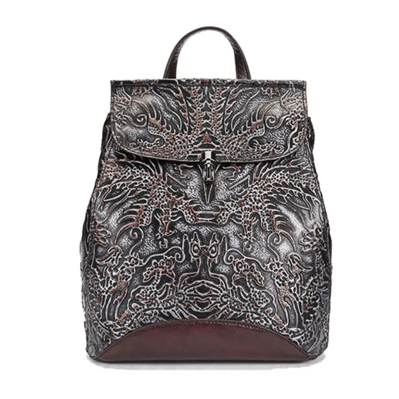 

Women Genuine Leather Embossed Backpack National Style Daypack School Bag Travel Casual Rucksack