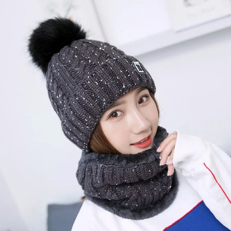 Модные зимние шляпы для женщин Beain Hat Kitted Big Ball gorro invierno mujer Зимний шарф и шапка, комплект, сохраняющий тепло