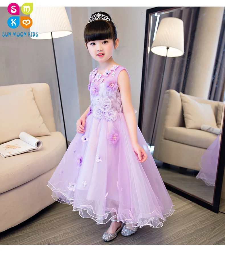 

Elegant Girl Lace Wedding Dress Summer Sleeveless Appliques Party Tulle Princess Birthday Dress Trailing First Communion Gown