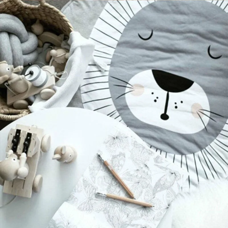 ln stock QWZ Play Mat Round Lion Printed Pure Cotton Crawling Blanket Infant Game Pad Rug Floor Carpet Baby Gym Decor |
