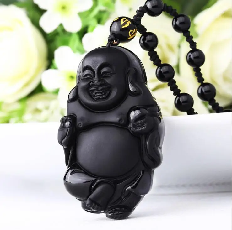 

Chinese Natural Black Obsidian Hand-Carved Blessing Maitreya Buddha Pendant