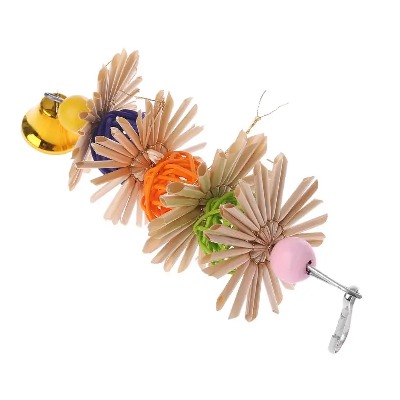 Bird Chewing Toy Parrot Cage Bite Toys Rattan Balls with Bell Colorful Entertainment Toys for Small Medium Parrots 3