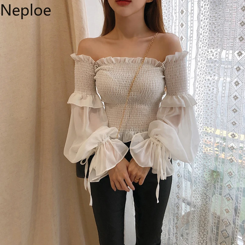 

Neploe Slash Neck Sexy Strapless Blouse Long Puff Sleeve Short Sunscreen Shirt 2019 Summer Stretch Slim Women Blusa Tops 53155