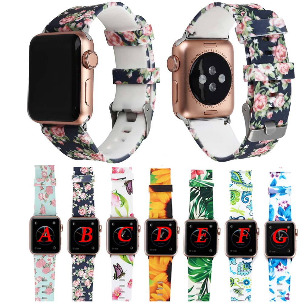 Ремешок силиконовый для Apple watch Series 6 5 4 3 2 1 SE браслет с цветочным принтом iWatch 38 мм 42