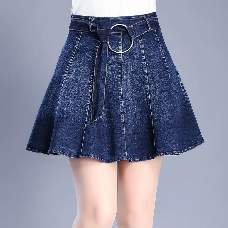 New stylish Korean Fashion slim thin Fold denim skirts Defence Wardrobe Malfunction large size Cowboy mini Skirts with belt k07