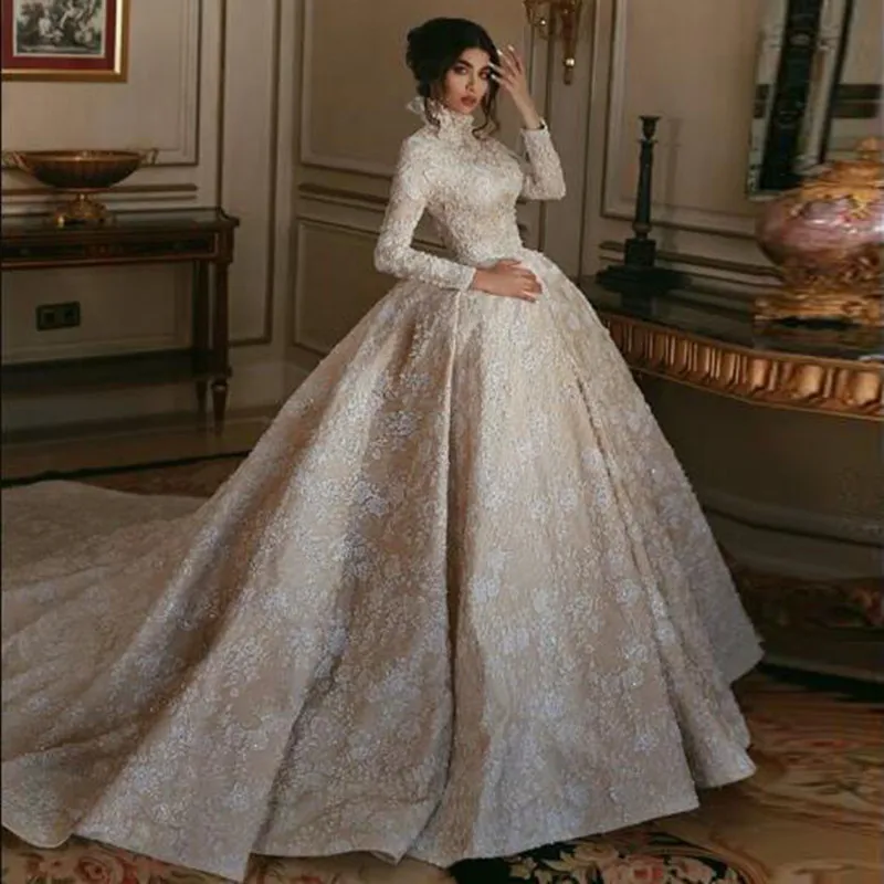 

Hot Sale Dubai Appliques Ball Gown Wedding Formal Dresses 2019 New Elegant Turtleneck Long Sleeve Bridal Gowns vestido De Noiva