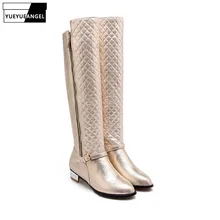Удобные женские сапоги до колена из искусственной кожи на массивном каблуке теплые зимние сапоги повседневная женская обувь на молнии с пряжкой; большие размеры 34-45
