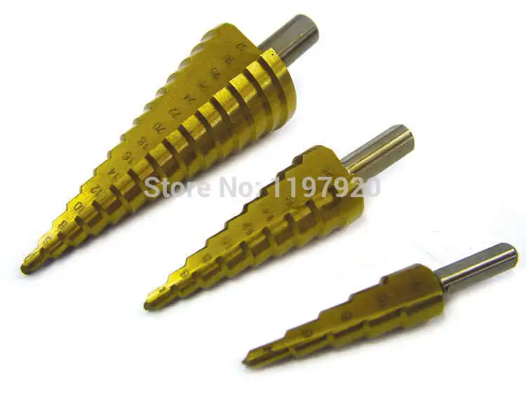 

3Pcs/lot HSS Steel Large Step Cone Titanium Coated Metal Drill Bit Cut Tool Set Hole Cutter 4-12/20/32mm Wholesale