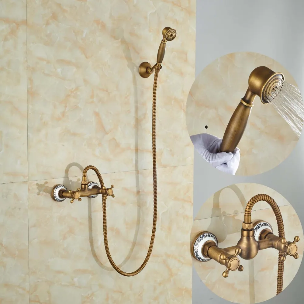 Shower Set Faucet Wall Mounted with Handheld Shower Antique Brassin