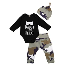Pudcoco/хлопковая одежда с надписью «dad is my hero» для новорожденных мальчиков Боди с длинными рукавами+ камуфляжные штаны, комплект одежды