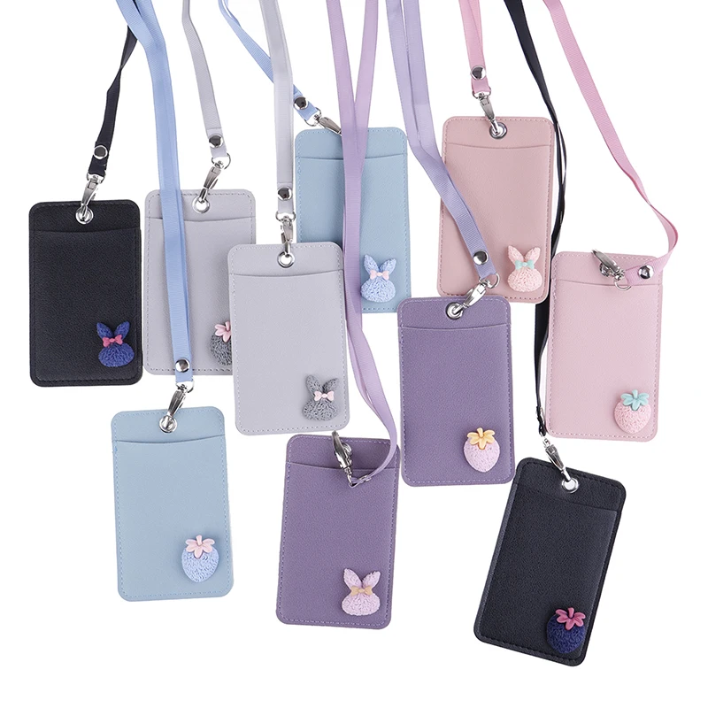 

Women Cartoon Candy Leather Card Holder Students Bus Card Case Lanyard Girl Cute Rabbit Door Work Identity Badge 2 Cards Cover