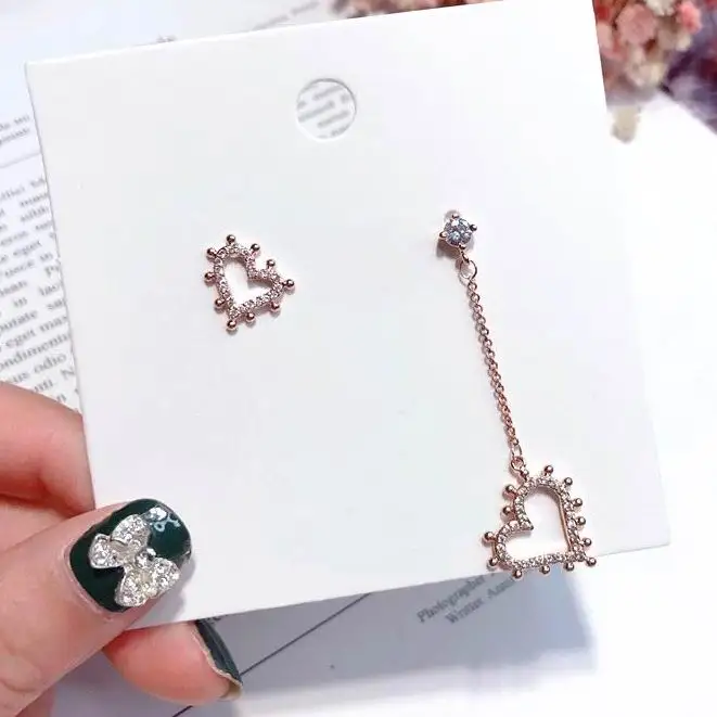 

MENGJIQIAO 2018 New Korean Micro Pave Zircon Heart Love Asymmetry Earrings For Women Dliecate Shiny Rhinestone Boucle D'oreille