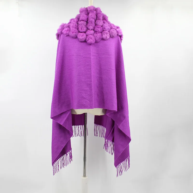 100% sheep fur cashmere shawl with real rabbit fur balls (4)