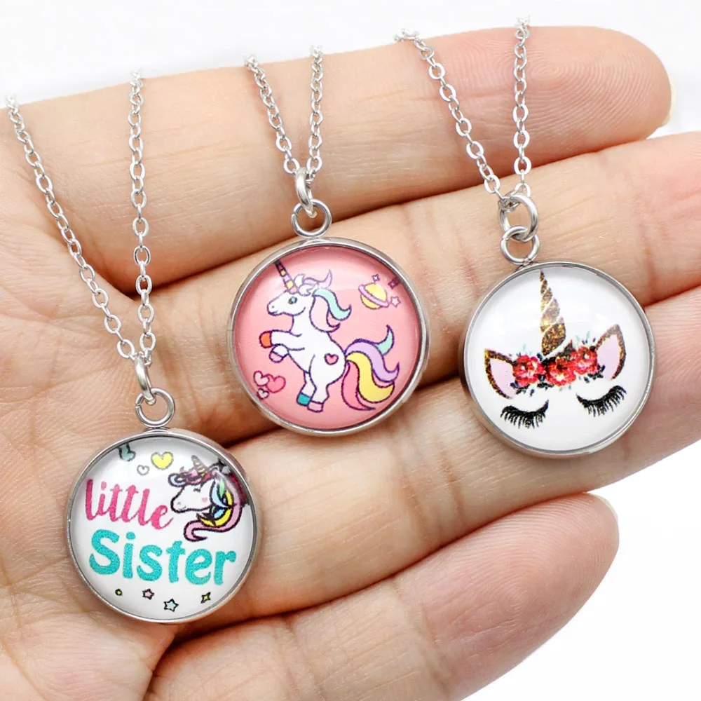 

Unicorn Photo Lucky Horse Necklace Silver Cabochon Glass Pendant Chain Girls Kids Birthday Gifts Tile Necklace Jewelry