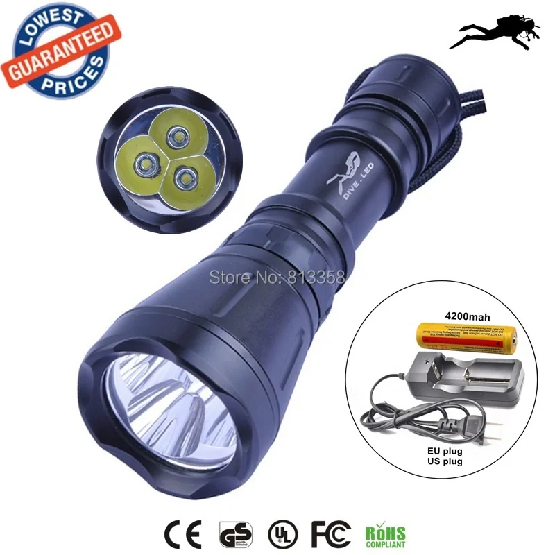 

1set AloneFire DV09 Underwater Diving Flashlight Torch XM-L T6 LED Light Lamp Waterproof 5000Lm Super+18650 battery+charger