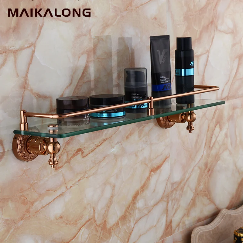 gold rose Bathroom shelf single shelf Pure copper&glass,bathroom