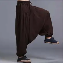 Мужские Винтажные хлопковые льняные хиппи, бохо Аладдин гарем Широкие штаны ниндзя Брюки повседневные Непальские мужские индийские штаны Аладдин