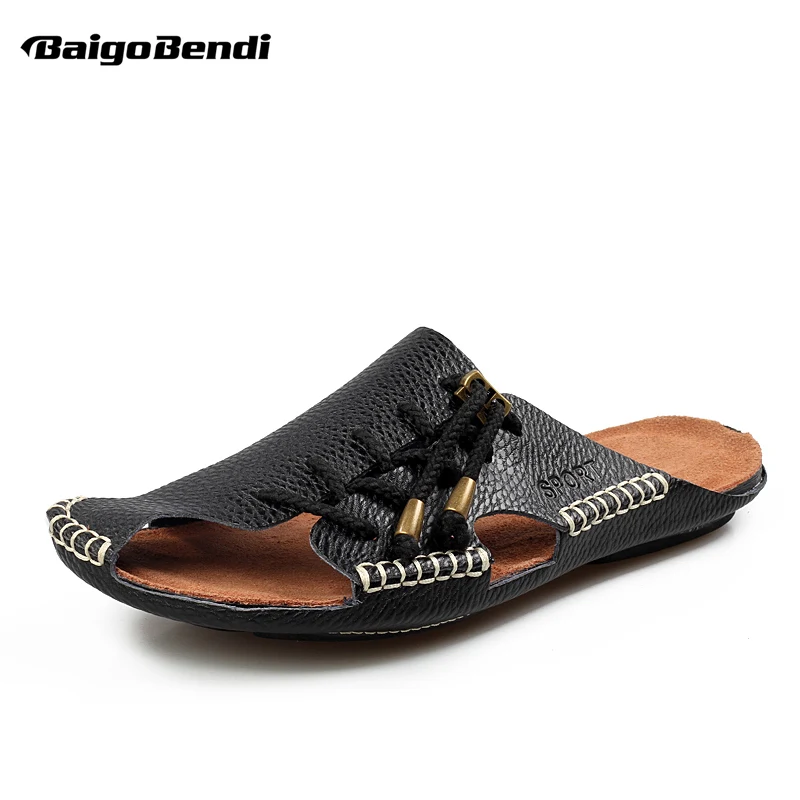 Clearance Sale !! US 8.5 Men Real Leather Casual Close Toe Slippers Outside Man Casual Sandals Slides Summer Shoes