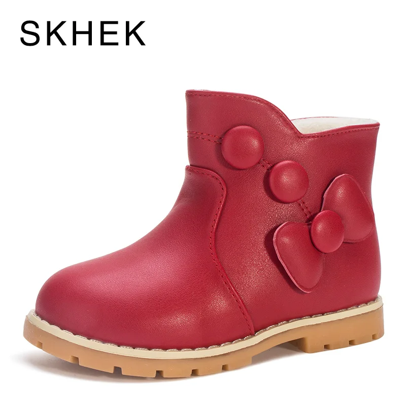 

SKHEK 2018 Spring Autumn Fashion Warm Children Boots Big Butterfly Knot Leather Shoes Girls Ankle Boots Kids Princess Shoes