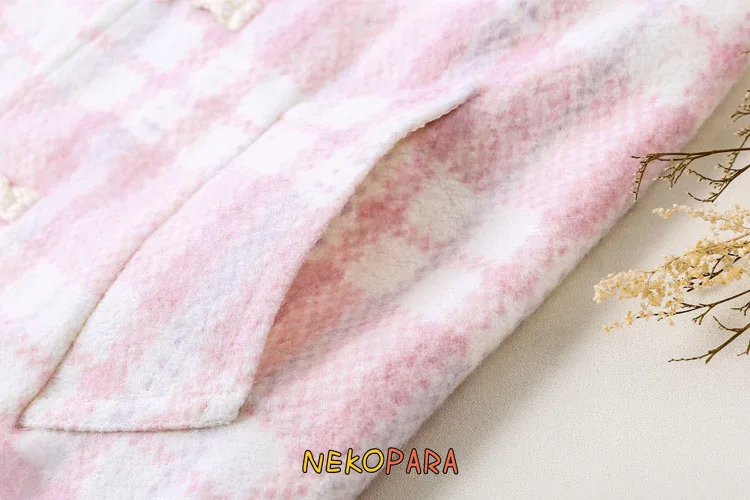 Розовое клетчатое пальто в стиле Лолиты Sakura, японский Женский Тренч с роговыми пряжками в консервативном стиле, Милая зимняя теплая верхняя одежда, 2 стиля
