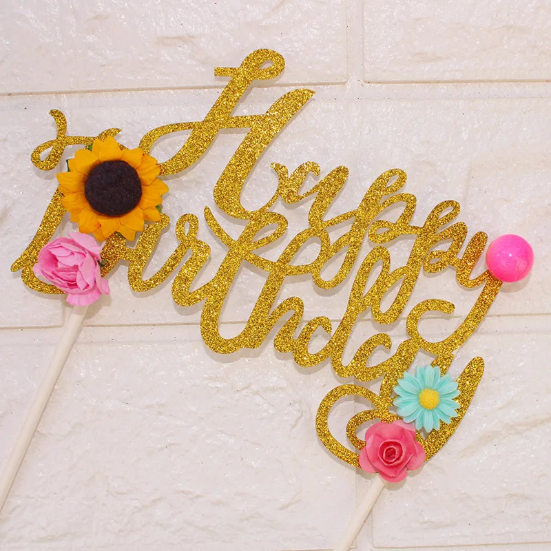 1pc Lovely Flowers Cake Topper Happy Birthday Cake Flag Sunflower Birthday Party Cake Decor DIY
