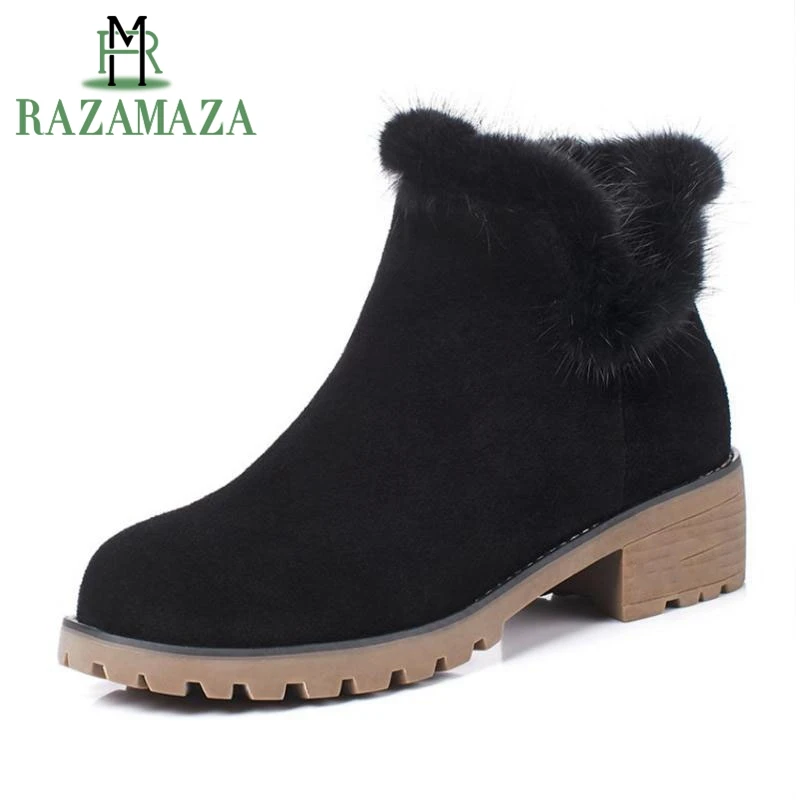 

RAZAMAZA Women Real Leather Boots Zipper High Heel Boots Thick Fur Shoes Cold Winter Boots Short Botas Women Footwear Size 34-40