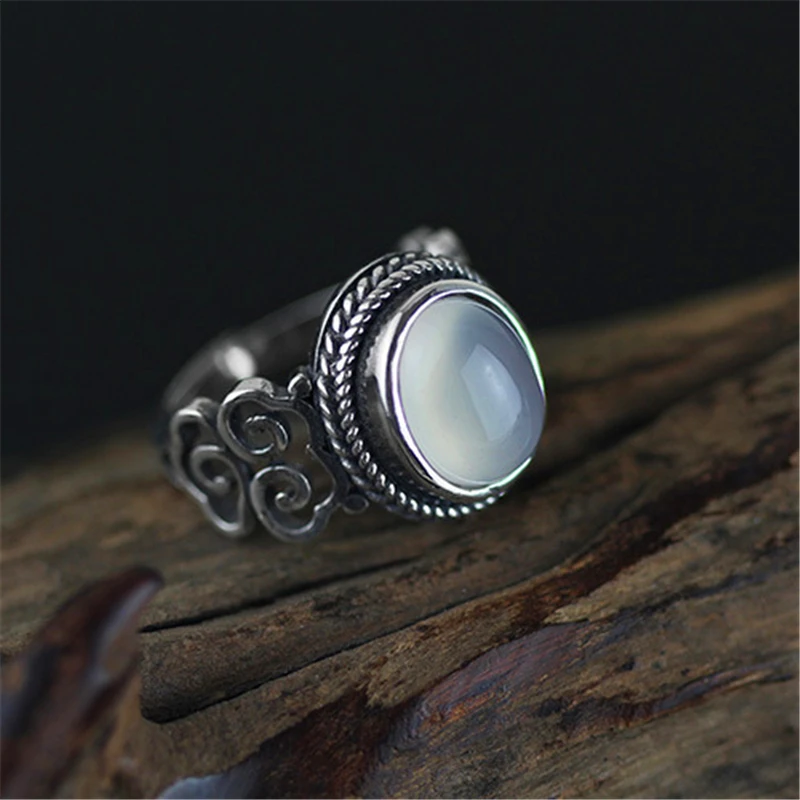 Lotus Fun Real 925 Sterling Silver Natural Chalcedony Stone Handmade Creative Fine Jewelry Vintage Female Rings Bijoux