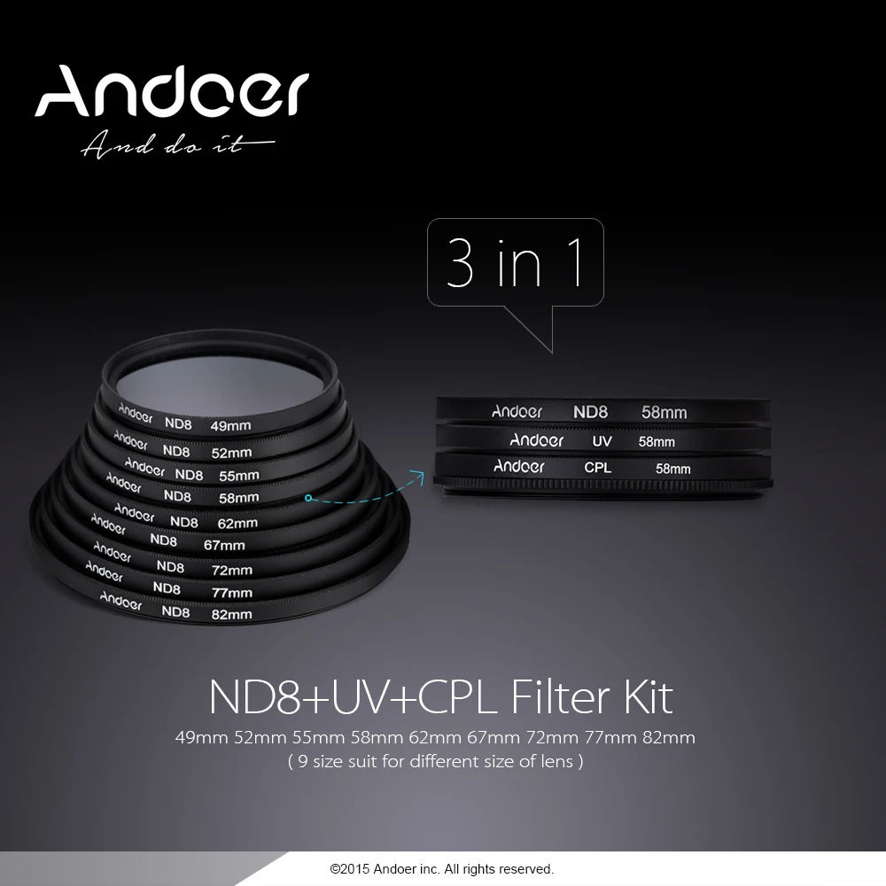 Andoer 77 мм УФ-объектив+ CPL+ ND8 Круговой Фильтр для фотоаппарата Nikon Canon Pentax sony Циркулярный поляризационный фильтр с ультратонкой оправой ND8 набор УФ-фильтров с нейтральной плотностью фильтр