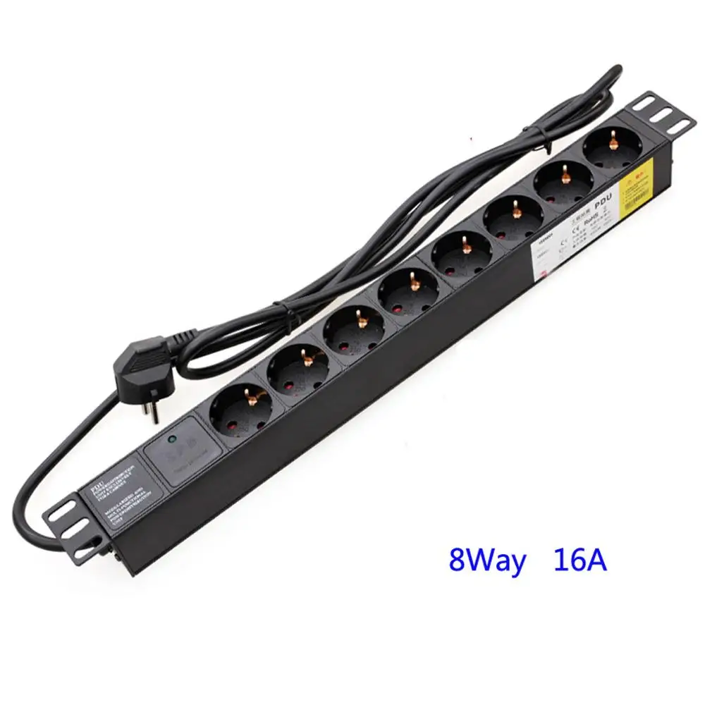 

8way EU Plug Outlets 19" 1U PDU Power Charge Socket 16A 220V-250V with 2m Extension Cable wall Panel Socket