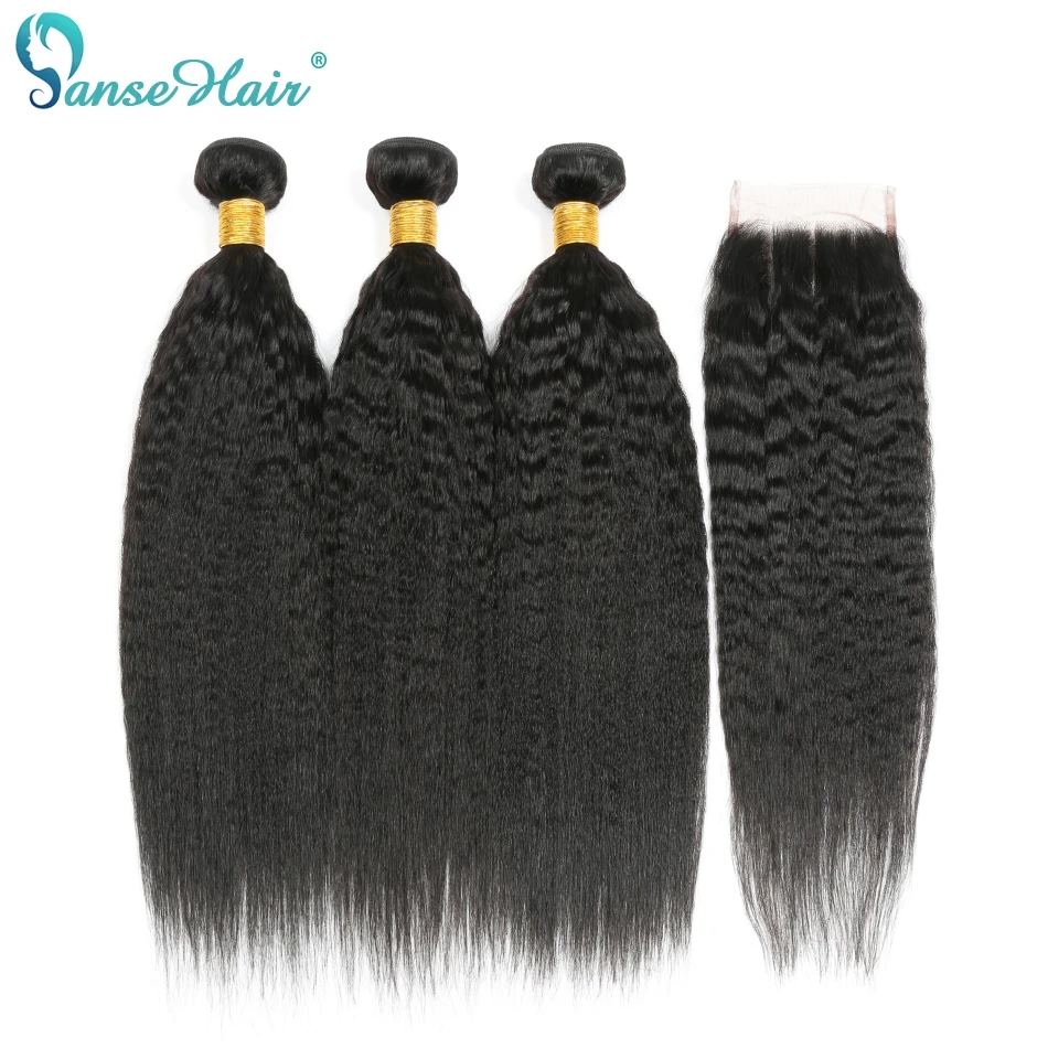 Panse Hair Kinky Straight Peruvian Hair Weave Bundles With Closure Human Hair 3 Bundles With 4*4 Closure Non Remy Coarse Yaki