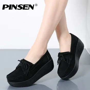 

PINSEN Women Flat Platform Loafers Ladies Elegant Suede Moccasins Fringe Shoes Woman Slip On Height Increase Flat Shoes Creepers