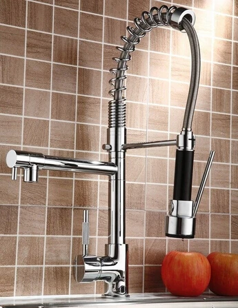 Cheaper Promotion Dual Spout Spring Pull Down Kitchen Sink Faucet Chrome Finish with Hot and Cold