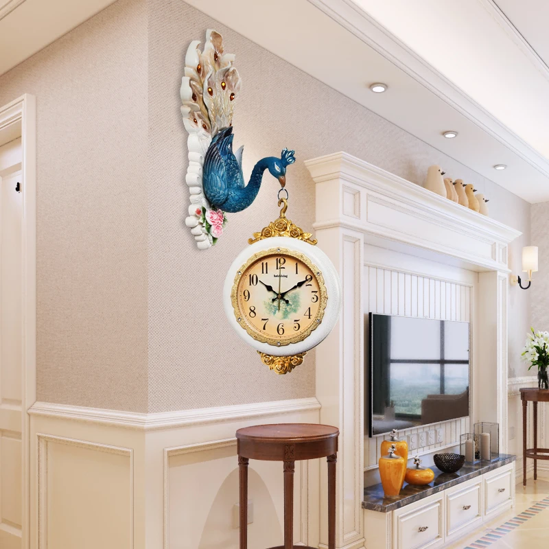 Настенные часы Павлин современный дизайн Двусторонняя 3D гостиная европейские часы немой креативный животный модный двусторонний домашний декор