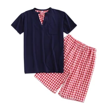 Сексуальные с v-образным вырезом хлопковые короткие пижамы наборы для мужчин летние простые клетчатые пижамы для мужчин с коротким рукавом Домашняя одежда пижамы для мужчин