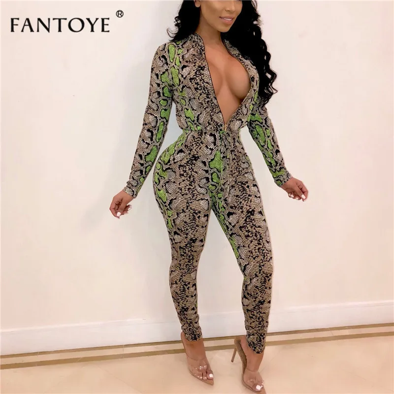 Fantoye Snake Print Zipper Skinny Rompers Womens Jumpsuit