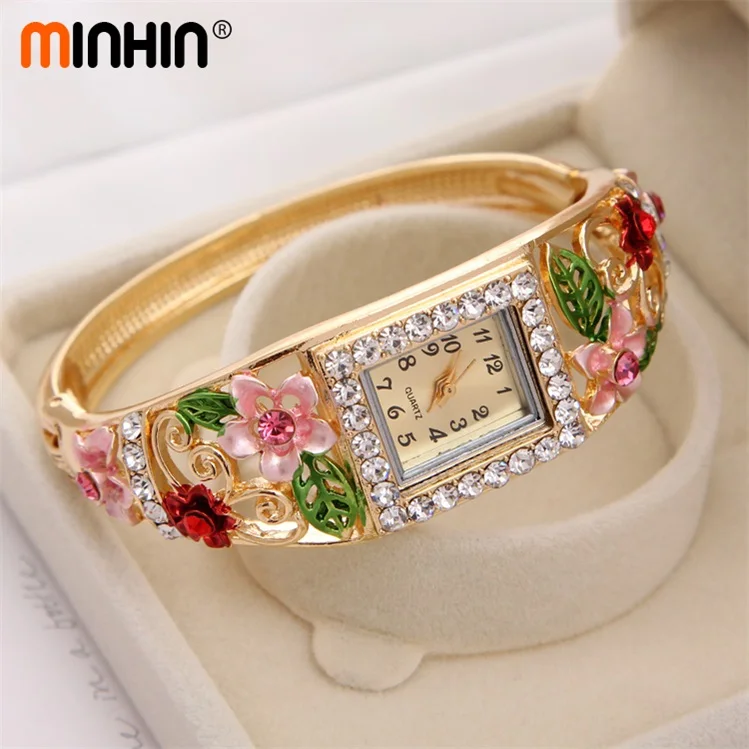 MINHIN дизайнерские женские часы Браслет-манжета со стразами наручные часы классические женские часы роскошные цветочные ювелирные изделия подарок - Цвет: W033