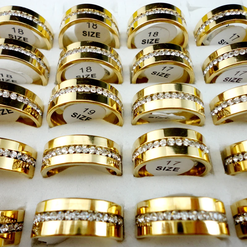 

10Pcs/Lot Women Classic Engagement Wedding Ring Zirconia Gold 316L Stainless Steel Rings Female Jewelry Lots Q067