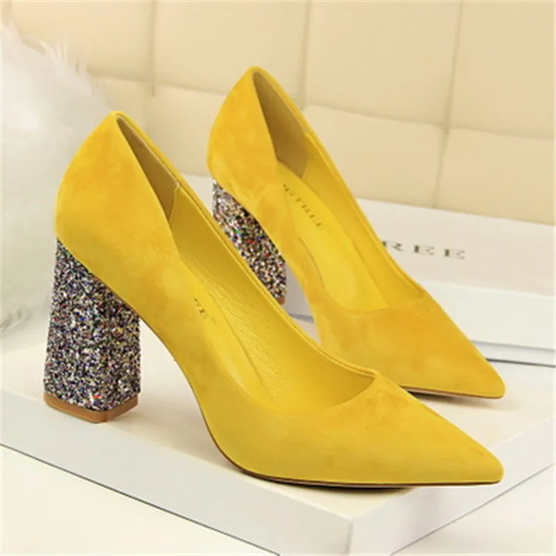 

2018 Bling Women Heels Bling Heel Women High Heels Shoes Ladies Pointed Toe Thick Heel Shoes chaussure femme talon sexy
