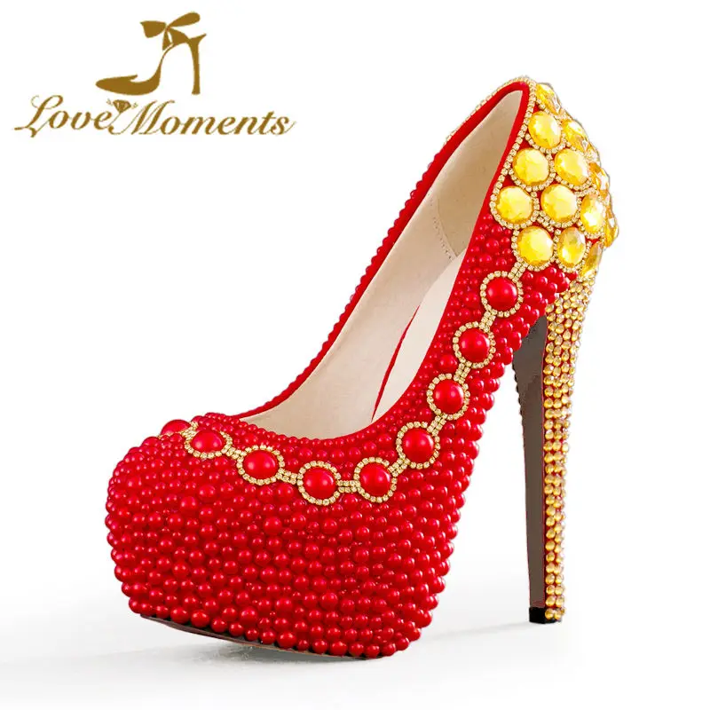 

Love Moments pearls red wedding shoes bride high heel shoes woman pumps platform wedding dress party ladies women shoes