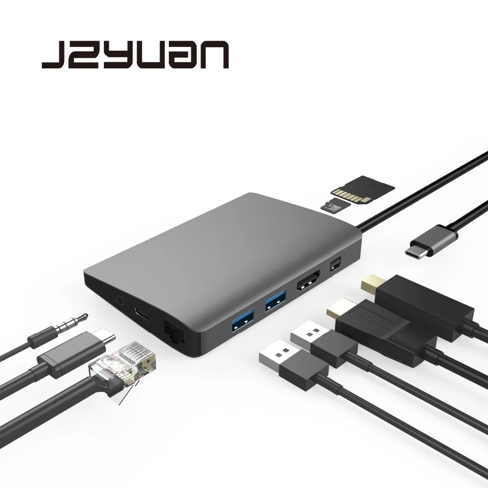 JZYuan USB C док-станция для ноутбука для Macbook Pro Кабель-Переходник USB C на HDMI дисплейный порт MiniDP типа 4 K RJ45 Gigabit LAN USB 3,0 Тип C PD для samsung S9