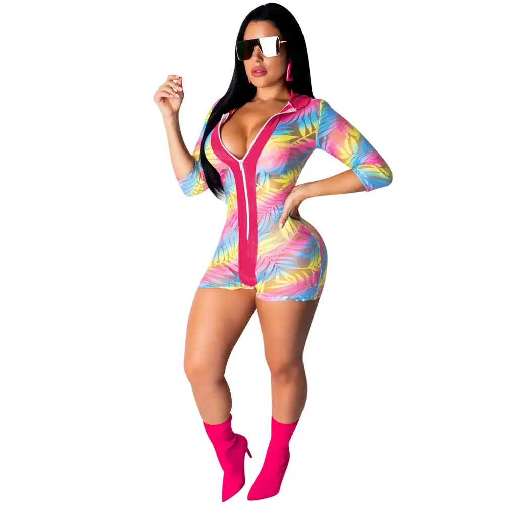 

New Women Sexy Jumpsuits Zipper Gothic High-Elastic Mesh Print Jumpsuit 2019 Summer Semi-Transparent Nightclub Lady Burlesque