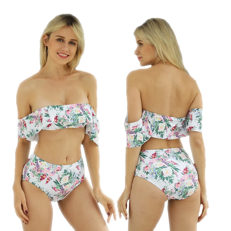 

High Waist Swimsuit Off The Shoulder Swimwear Women Floral Striped Print Ruffle Bikini Set Sexy Swimsuits Women bathing suits us
