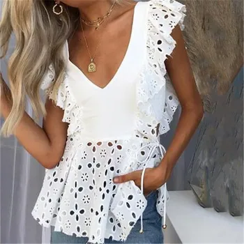 

Women Elegant White Lace Embroidery Ruffle BlouseCasual Summer Hollow Out Shirt Sexy Female Blusa 2019 summer zipper top