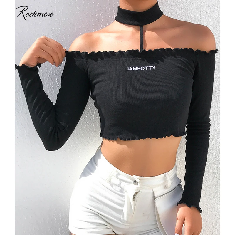 

Rockmore Korea Ribbed Knitted Long Sleeve T-Shirt Women Bodycon Streetwear Femme Letter Embroidery T Shirts Crop Top Tees Autumn