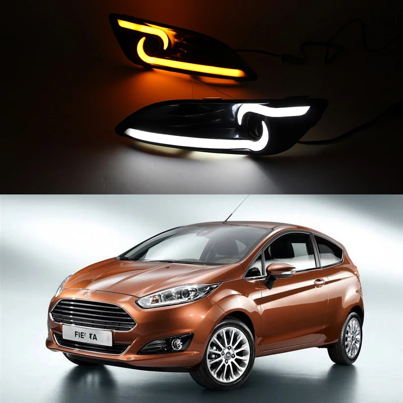 

Car Flashing 2Pcs LED Daytime Running Light For Ford Fiesta 2013 2014 2015 2016 Fog lamp cover with Yellow Turning signal Lights