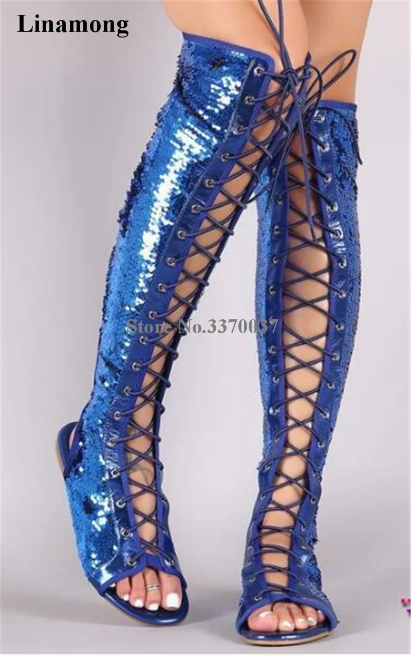 Picture Lace Gladiateur Toe Picture Bleu Noir Haute Paillettes Bling out up Bottes Genou Plat As Longues Cut Argent Femmes Or Peep Brillant as fvwtRt