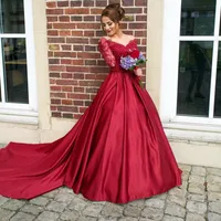 Long Sleeve Prom Dress 2017 Floor Length Lace satin dark red V Neck Off The Shoulder Evening Dress Custom Made TB1594